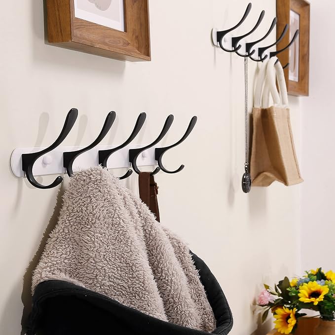 SKOLOO Modern Metal Wall Coat Rack with 5 Hooks - Sturdy Wall Hook Rack for Hanging Coat, Jacket, Clothes, Hat, Black on White