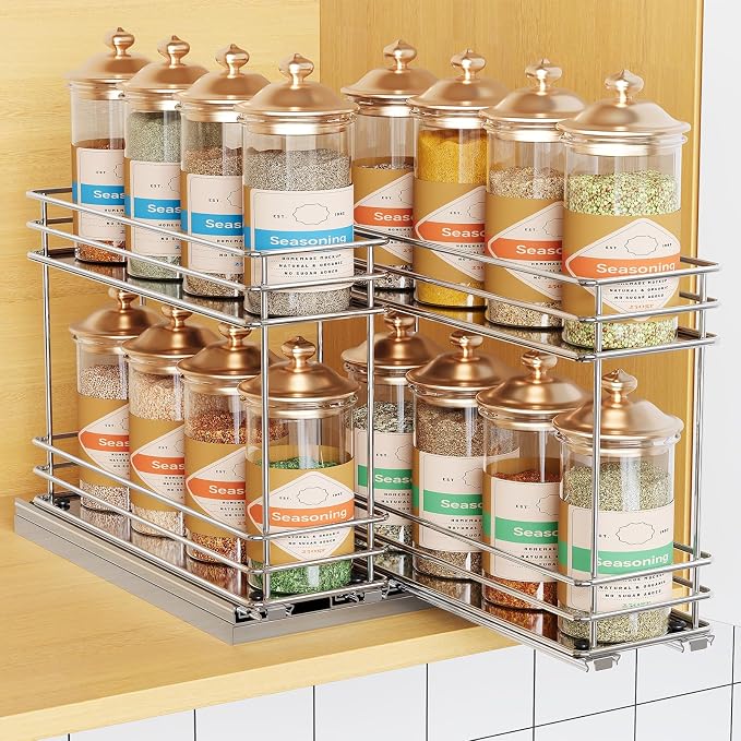 Mystozer Pull Out Spice Rack Organizer for Cabinet, Slide Out Spice Racks, Easy to Install, 7.08" Wx10.43 Dx8.26 H, 2 Drawers 2 Tiers(Silver)