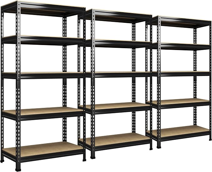 PrimeZone 5-Tier Garage Storage Shelves, Adjustable Metal Shelving, Black | 32"W x 16"D x 63" H, Heavy-Duty Metal Frame & Connectors, FSC MDF Boards, Deep Storage for Garage, Pantry, Warehouse, 3 PCS