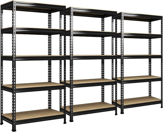 PrimeZone 5-Tier Garage Storage Shelves, Adjustable Metal Shelving, Black | 32"W x 16"D x 63" H, Heavy-Duty Metal Frame & Connectors, FSC MDF Boards, Deep Storage for Garage, Pantry, Warehouse, 3 PCS