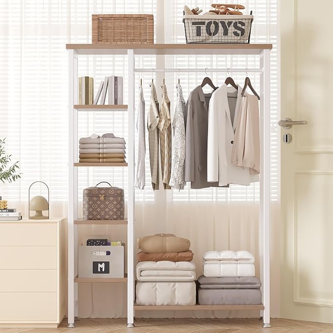VECELO Open Garment Clothing Rack, Free-Standing Heavy Duty Storage Closet with 5 Shelves and Hanging Rod for Small Spaces, Max Load 350LBS, Nature White