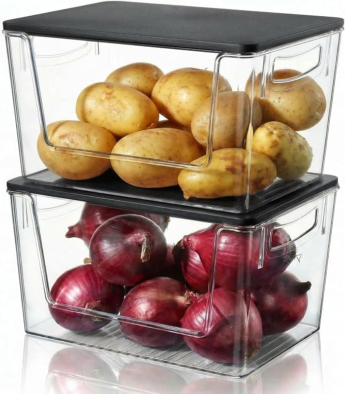 Heyuzb Pantry Organizers Storage, 2 Pack Large Clear Storage Bins with Bamboo Lids for Onion, Potato, Garlic, Canned Food, Organizer Bins for Under Sink, Kitchen, Countertop, Bathroom