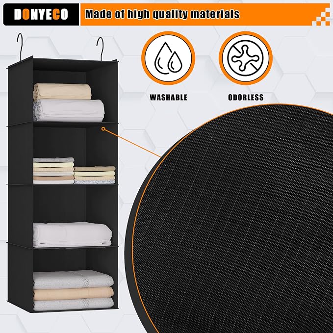 Hanging Closet Organizer 4-Shelf, Oxford Fabric Wardrobe Storage, Black | Easy-mount foldable design holds clothes, handbags, shoes & accessories; washable Oxford fabric, sturdy and space-saving.