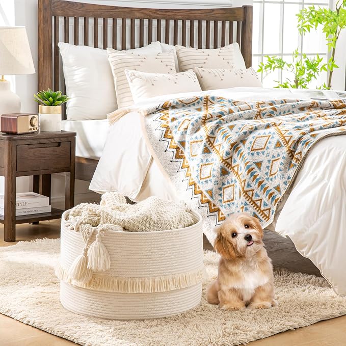 KAKAMAY Large Blanket Basket (20"x13"),Woven Baskets for storage Baby Laundry Hamper, Cotton Rope Blanket Basket for Living Room, Laundry, Nursery, Pillows, Baby Toy chest (White) | Extra Large Capacity | Natural Cotton Rope | Blanket Storage | Woven S...