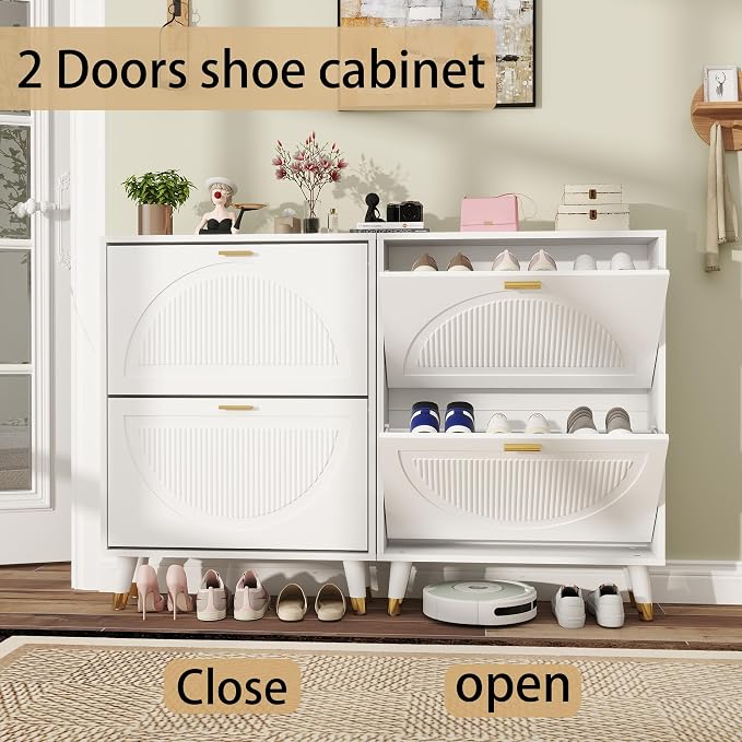 White Shoe Storage Cabinet: 24" Ultra Thin Small Shoe Cabinet for Entryway, Modern Slim and Narrow Hidden Shoes Rack Organizer with Doors and 2 Flip Drawer (1 Piece, 25")