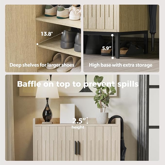Shoe Cabinet with Metal Legs, Farmhouse Large 5-Tier Shoe Storage Cabinet with Doors, Wooden Shoe Organizer for Entryway, Hallway (2 Door Shoe Cabinet, Oak-Modern)
