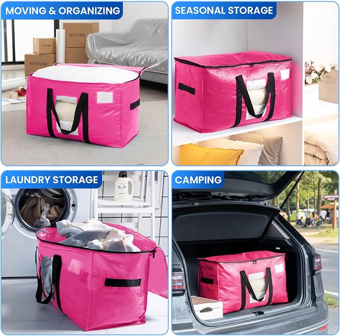 TAILI 8 Pack Pink Extra Large Moving Bags, Heavy Duty Totes with Visible Window, Wrap Around Handles, Space-Saving Storage, Alternative to Moving Boxes