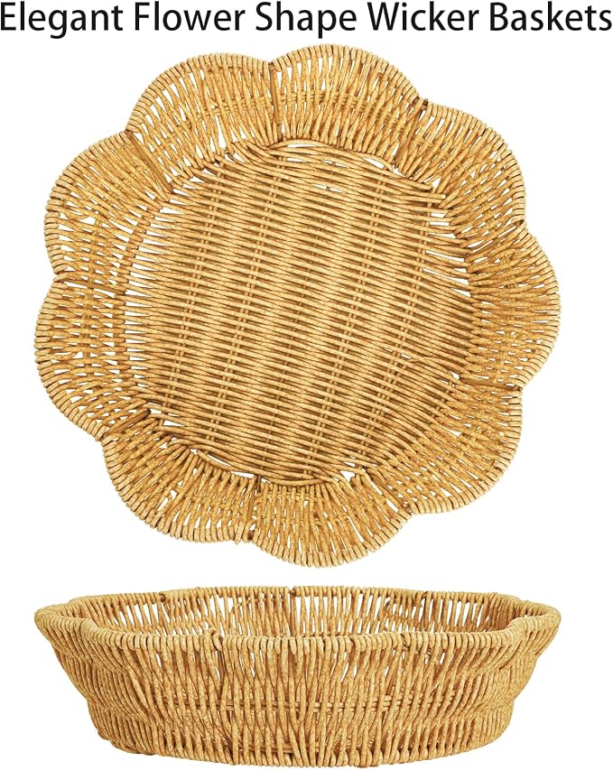 Jucoan 3 Pack Poly Wicker Bread Baskets, Imitation Rattan Fruit Baskets, Hand Woven Round Scalloped Tabletop Food Serving Basket Tray for Fruits, Vegetables and Snacks, Home Kitchen Bakery