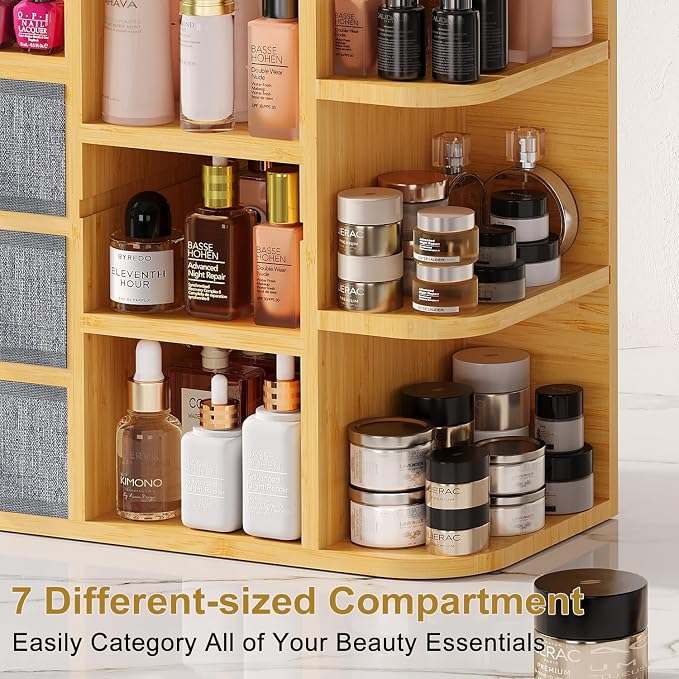 Large Makeup Organizer For Vanity, Large Capacity 3 Tiers Bamboo Bathroom Counter Organizers and Storage, Countertop Makeup Brush Holder, Nail Polish Perfume Stand with 3 Drawers and 10 Compartments