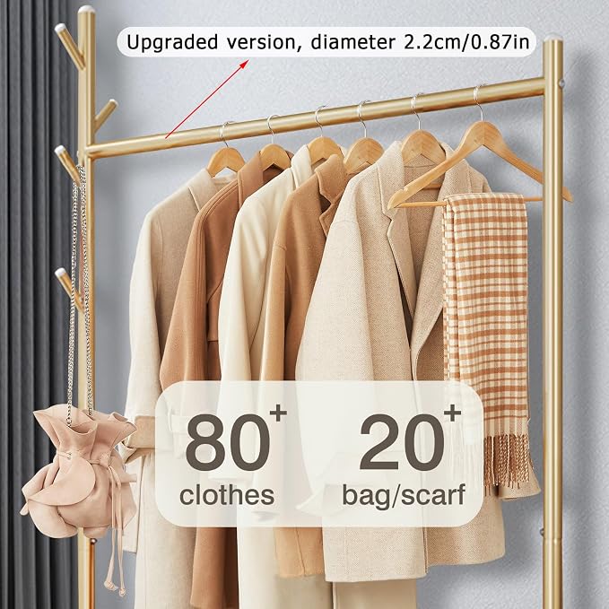 MYUPDALIN Clothes Rack with Shelves, Clothing Rack with Wheels, Multifunctional Hangers with Storage Baskets and Shoe Racks, Ideal for Bedrooms and Living Rooms (Gold, Bold 90cm/35in)