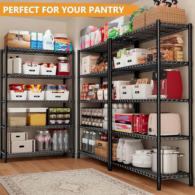 REIBII 72''H Metal Shelving 5-Tier Storage Shelves,1100lbs, Kitchen Pantry | Adjustable wire shelves,220 lbs/shelf, safety locks,adjusatble leveling feet,tool-free setup,fits garage, bathroom,commercial