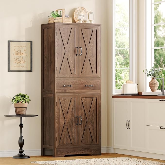 TEENFON Tall Storage Cabinet with 2 Adjustable Shelves & 1 Large Drawer, Kitchen Pantry Cabinet with 4 Doors, Bathroom Storage Cabinets, for Living Room, Kitchen, Bathroom, Walnut