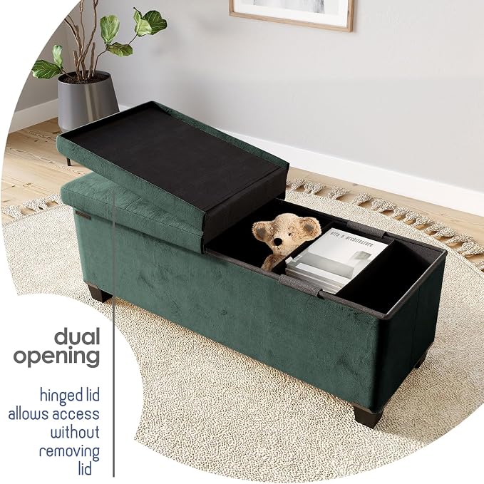 Storage Ottoman Bench with Bins, 43-in Storage Bench for Bedroom End of Bed, Folding Foot Rest Ottoman for Living Room Max 660lbs, Velvet Ottomans, Green