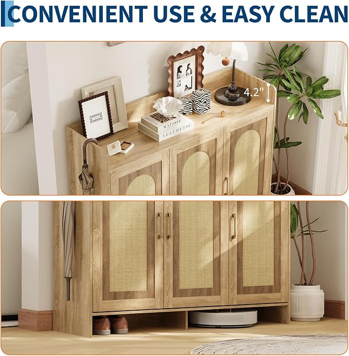 Garvee Shoe Cabinet Storage for Entryway, Rattan Shoe Rack with 3 Doors | Farmhouse Boho Wood Shoe Organizer Cabinet for Entrance Hallway Living Room Foyer