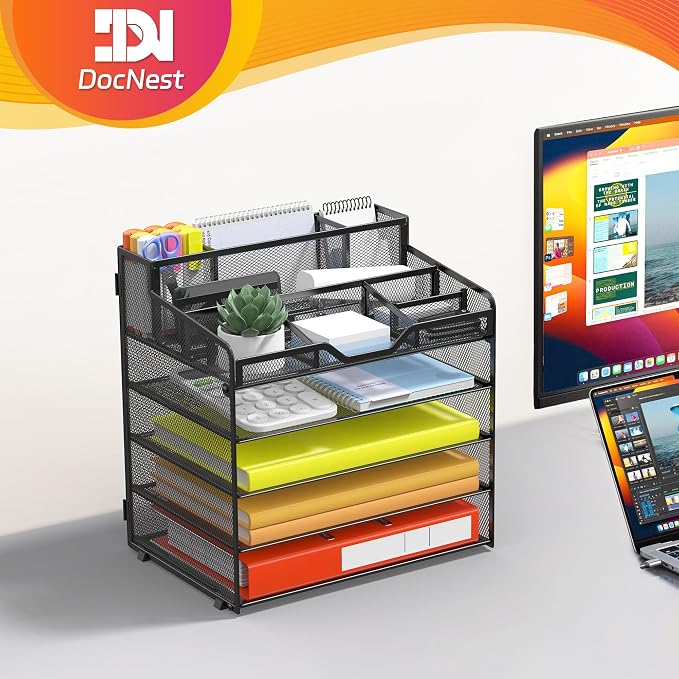 Docnest 5 Tier Mesh Desk Organizer with Letter Tray & Paper Sorter, Black | Features 3 built-in pen holders & 5 adjustable compartments on top. Includes 4 non-slip rubber feet for desk protection