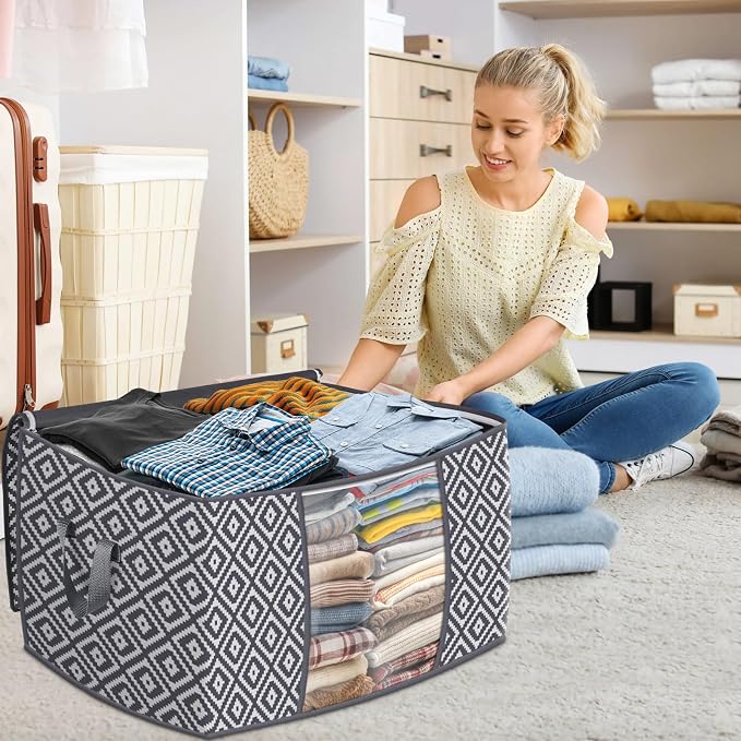 100L 4 Pack Storage Bags, Foldable Clothes Bins with Clear Window, Gray