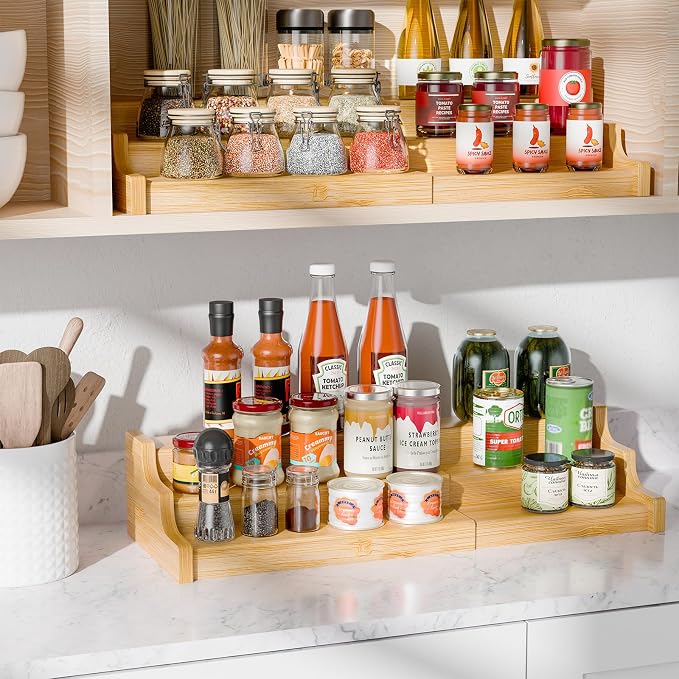 Simple Trending Spice Rack Kitchen Cabinet Organizer, 3 Tier Bamboo Expandable Spice Storage, Display Shelf for Cupboard, Pantry, Yellow