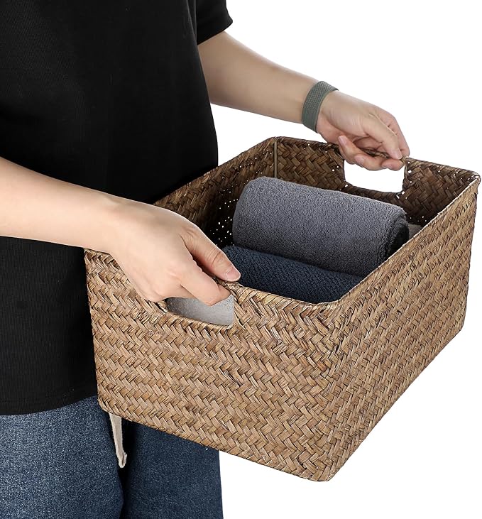 Hipiwe Wicker Storage Bin Handwoven Opened Baskets for Shelf Organizing | Rectangular Decorative Basket, Seagrass Closet Bedroom Organizer Bin Box Multipurpose Storage Basket with Handle