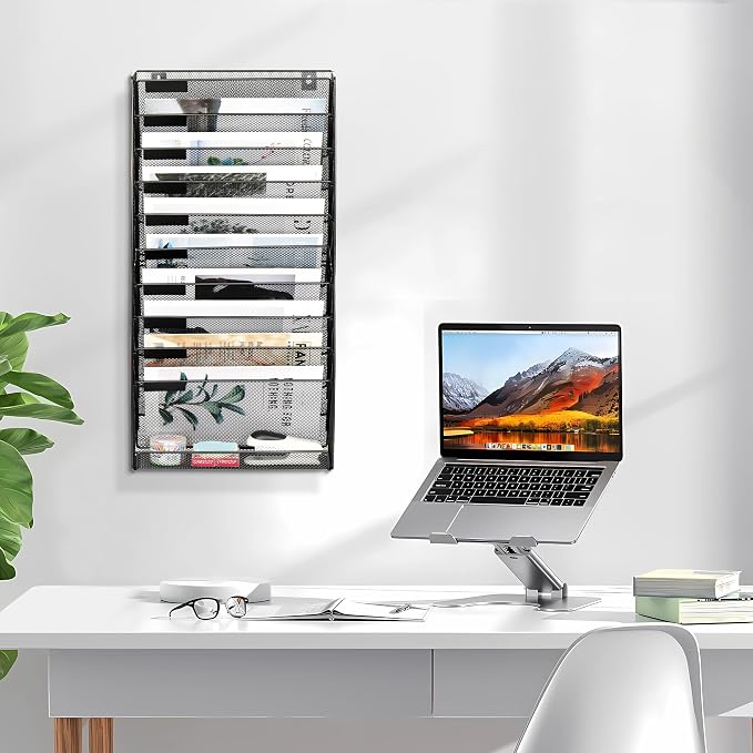 EasyPAG Wall File Holder 10 Tier Mesh Hanging Folder Organizer with Flat Tray Wall Mounted Mail Organizer Magazine Paper Desk Shelf with Nametag Label for Office Home School, Black
