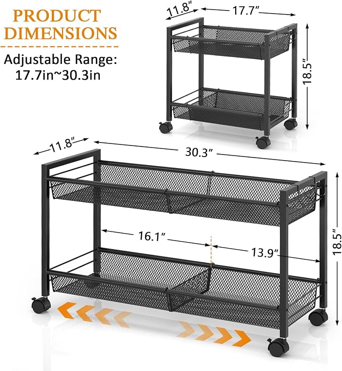 3IngSeagulls 2-Tier Expandable Rolling Pantry Floor Organizer, Stackable Pantry Storage Cart with Wheels, Kitchen Fruit and Vegetable Storage Rack for Onion, Potato, Food, Snacks