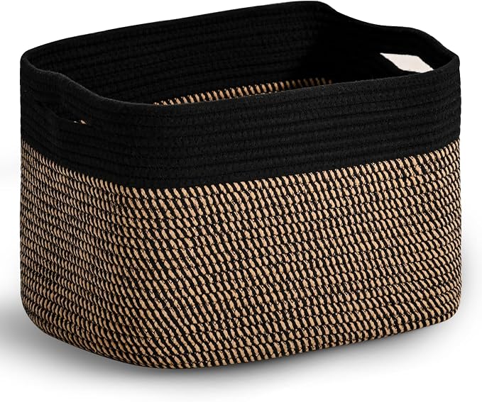 ICERZCZ Woven Cotton Rope Storage Basket for Organizing, Cute Decorative Baskets for Gifts Empty, Organizer Bins for Dog Toy, Baby Laundry, 15“×11”×9.5“, Jute & Black