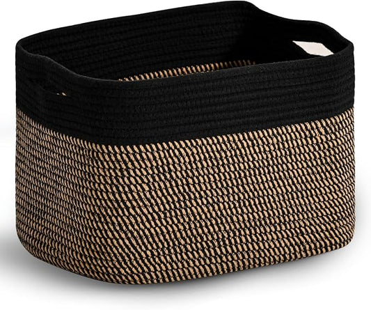 ICERZCZ Woven Cotton Rope Storage Basket for Organizing, Cute Decorative Baskets for Gifts Empty, Organizer Bins for Dog Toy, Baby Laundry, 15“×11”×9.5“, Jute & Black