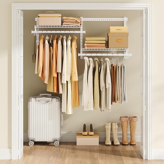 SONGMICS HOME Closet System, Closet Insert Organizer, 2 ft, Adjustable Metal Shelving Unit with 2 Hanging Rods, 2 Shelves, and Hooks, for Pantry Mudroom Garage Basement, Cloud White URGR030W01