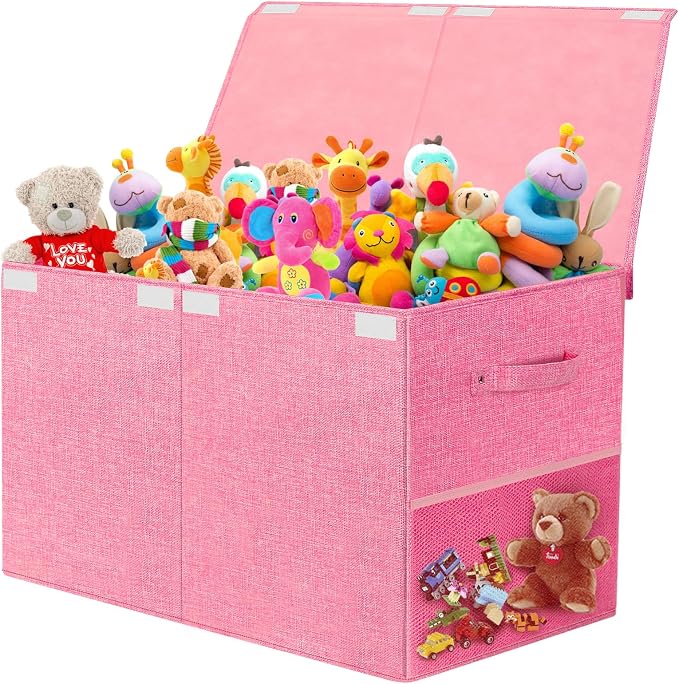 Large Toy Storage Box with Lid Upgraded Toy Chest Organizer with Removable PP Divider Foldable Toy Bin for Kids Boys Girls Linen Fabric Toy Box for Playroom Nursery Bedroom (25"x13"x16")