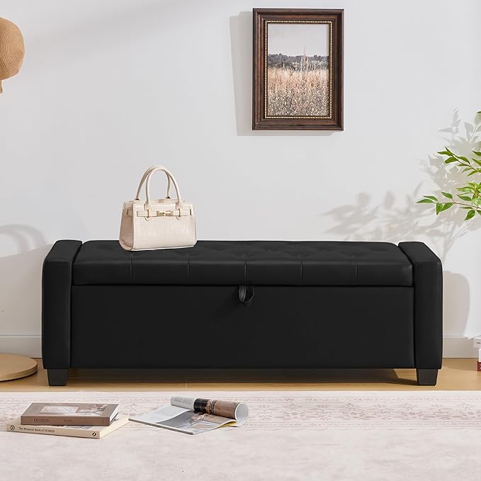Huatean Home 48" Ottoman with Storage, Light Black Storage Ottoman Bench | Upholstered Entryway Bench with Seating for Bedroom, Living Room with Safety Hinge, Holds up to 330 lb