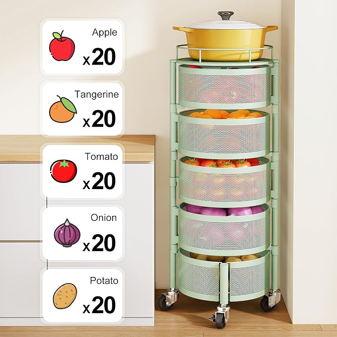 SNTD Fruit and Vegetable Basket Bowls for Kitchen with Metal Top Lid, 5 Tier Rotating Storage Rack Cart for Potato Onion Bread Banana, Wire Basket Organizer on Wheels, Large (Green)