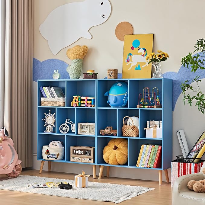 LEYAOYAO Cube Bookshelf, Mid-Century Modern Book Shelf with Legs, Blue | 3 Tier Bookcase, Rustic Wood Bookshelves Freestanding Small Storage Organizer, Open Shelves for Bedroom, Living Room, Office