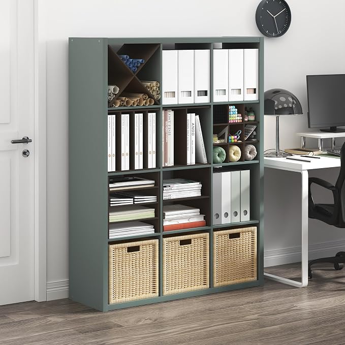 Furinno Cubicle Book Shelf, 12-Cube Bookshelf, Extra Thick Frame Reversible Bookcase with Open Back, 14.6" x 44" x 58", for Living Room, Bedroom, Home Office, Sage Green