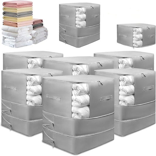 6 Pack Upgrade Comforter Storage Bag with Handle, Space Saving 3-Layer Adjustable In 3 Sizes (142L, 107L, 71L), Compression Blanket Storage Bags, Washable Bedding Organizer For Pillow Duvet Clothing