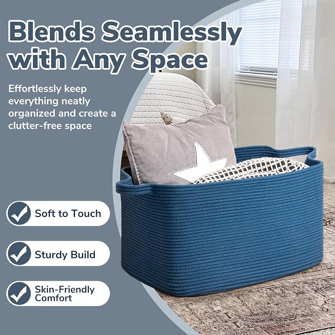 Goodpick Large Cotton Rope Blanket Basket, Rectangle Organizer, Dark Blue | 21.6 x 14.9 x 11.8 in, Reinforced Handles, Living Room, Bedroom & Nursery Organization, Blankets, Towels & Toys Storage