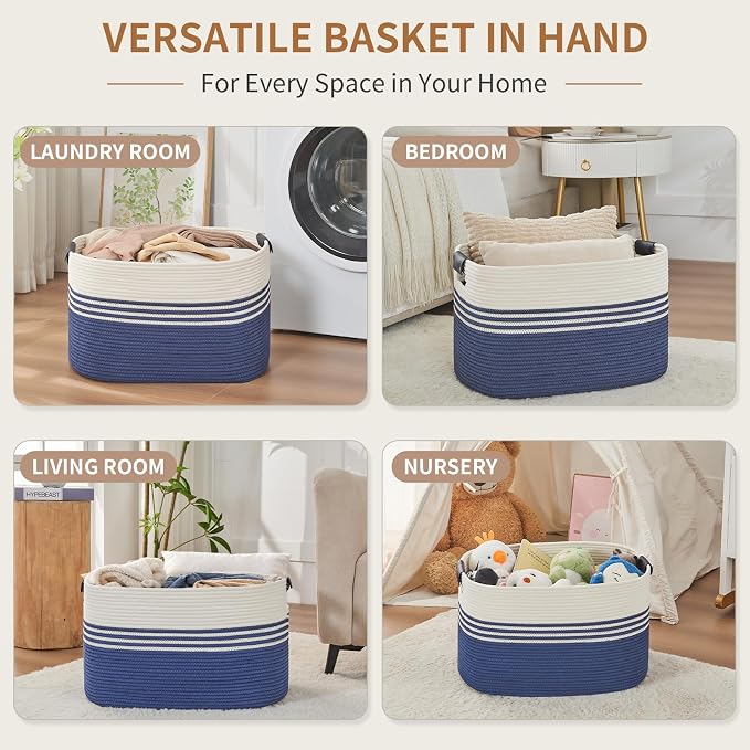 Laundry Hamper with Handles, 72L Rope Laundry Basket, Blue | Cotton rope clothes hamper with leather handles holds blankets, pillows, toys and laundry in nursery, bedroom or living room