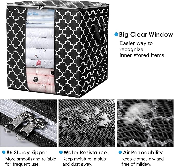 WISELIFE Storage Bags 8 Pack/100L Large Blanket Clothes Organization and Storage Containers for Comforters,Bedding, Foldable Organizer with Reinforced Handle, Clear Window, Sturdy Zippers,Black