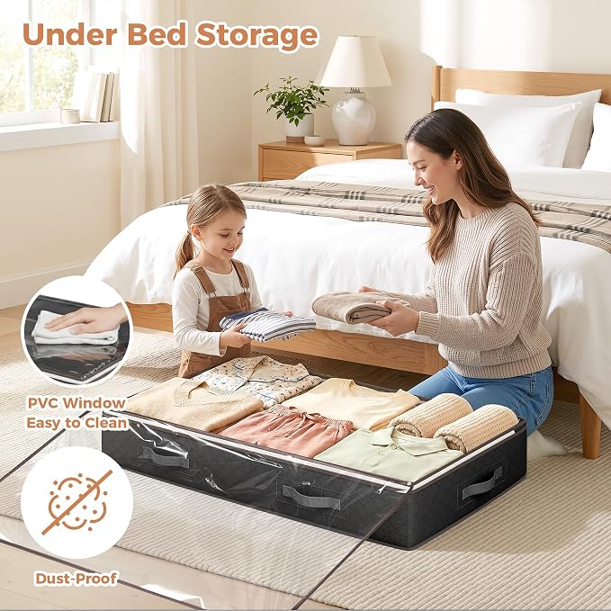 Budding Joy 90L Under Bed Storage Containers, 6 Pack Clothes Storage Bins | Foldable underbed storage bins for linen sheets, blanket, clothing, comforter, sweaters, pillows, wrapping paper, black