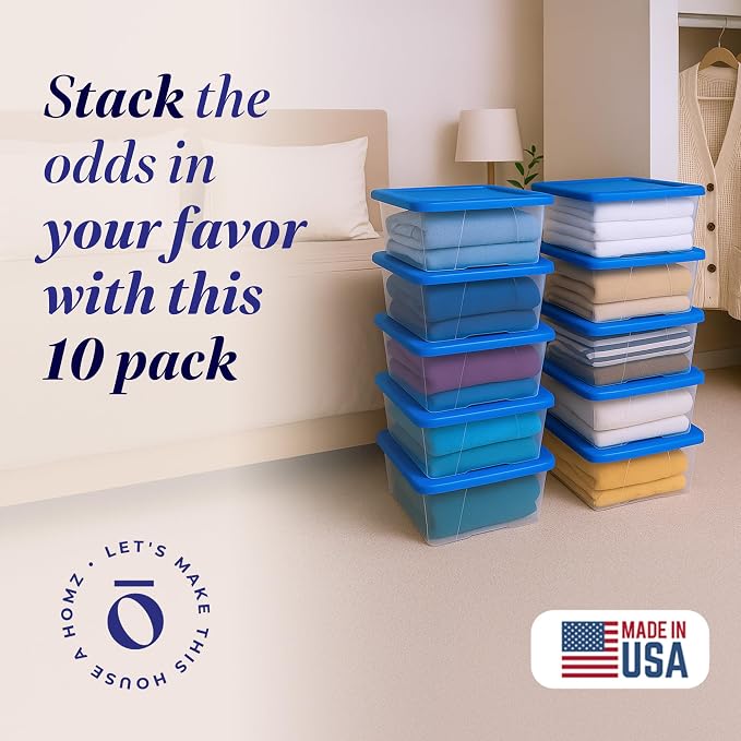 HOMZ Snaplock Clear Plastic Bin 6 Qt./1.5 Gallon | Storage Tote with Secure Lid | for Home, Office, Garage, Dorm Room Organizer | Stackable & Nestable | Blue Lid, Pack of 10