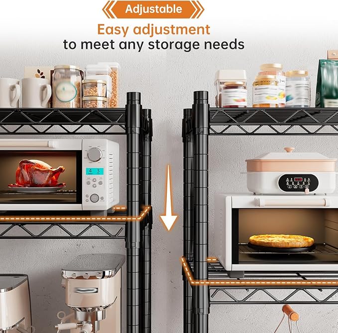 REIBII 72''H Metal Shelving 5-Tier Storage Shelves,1100lbs, Kitchen Pantry | Adjustable wire shelves,220 lbs/shelf, safety locks,adjusatble leveling feet,tool-free setup,fits garage, bathroom,commercial
