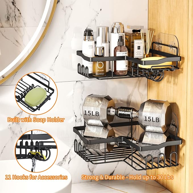 Corner Shower Caddy with Soap Holder, 2 Pack Stainless Steel Corner Shower Organizer with 11 Hooks, No Drilling & 6 Strong Adhesives Corner Shower Shelf Bathroom Organizer for Shower Room, Black