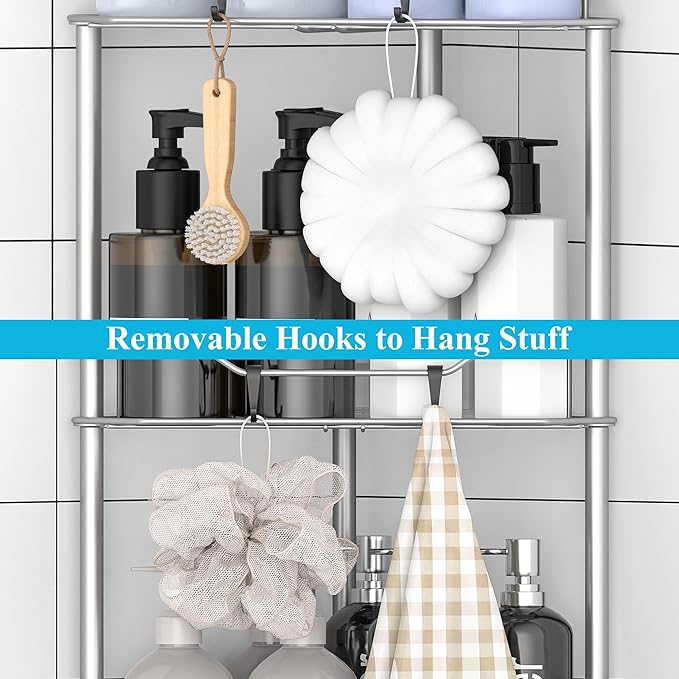HuggieGems 3 Tier Floor Standing Corner Shower Caddy Organizer Shelf with Hooks, Bathroom Shelves Stand Rack, Gray