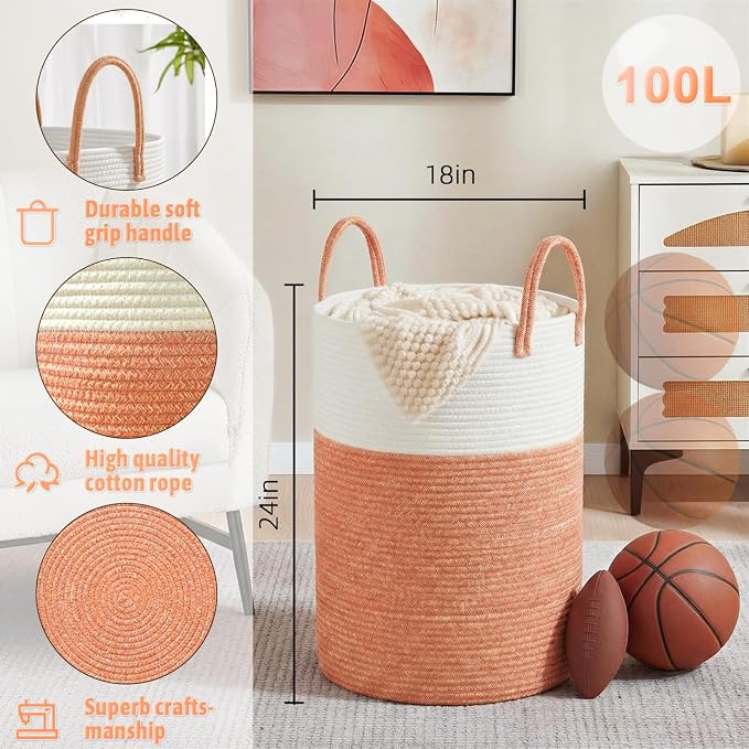 Laundry Basket,Woven Cotton Rope Laundry Hamper,100L for Decor Storage of Dirty Clothes,Toys and Blankets in Bathroom,Baby Room and Living Room