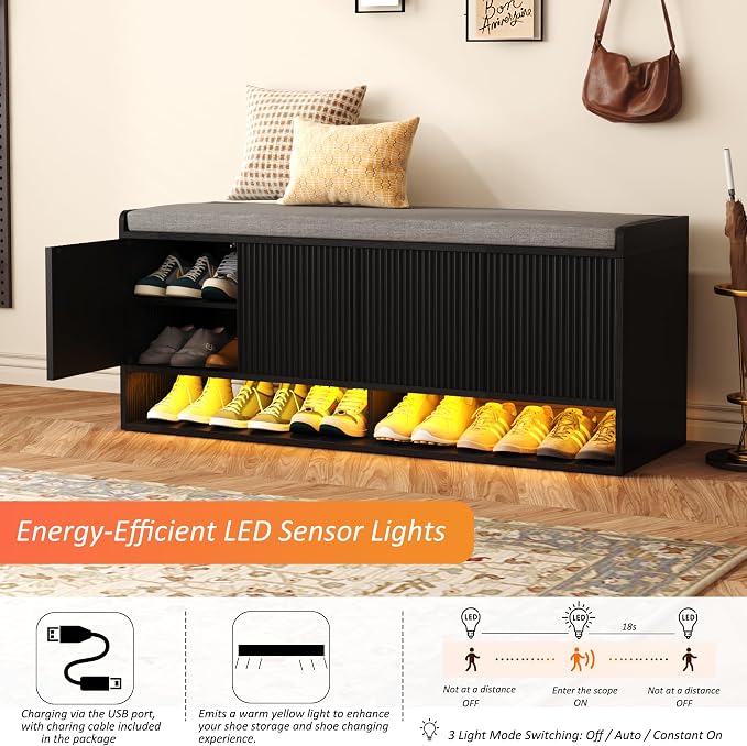 HOMEFORT 47.2" Fluted Shoe Storage Bench, Entryway Bench with Linen Seat Cushion, Shoe Cabinet Bench with Adjustable Shelf and Built-in LED Sensor Light, Bench for Bedroom End of Bed, Black