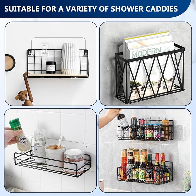 Shower Caddy Adhesive Replacement Hooks, Strong Waterproof Strips, No Drilling for Bathroom Shelves, Kitchen Racks, and Soap Holders (Transparent-8Pack 2Hook)