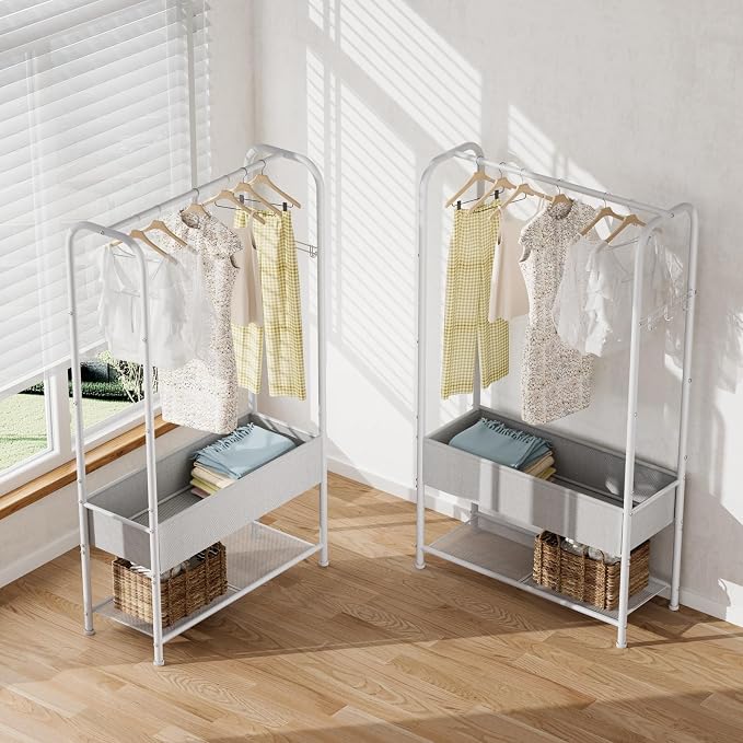 SINGAYE Wardrobe Standing Closet Clothing Rack With Shelf Hanging Clothes | Wardrobe Open Compact Small Metal Garment Hanger Stand Alone Free Standing Black Closet Rack Storage Organizer Heavy Duty