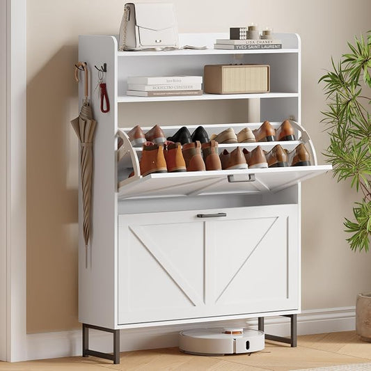 Shoe Cabinet with 2 Flip Drawers, Freestanding Hidden Shoe Storage Organizer for Entryway, Narrow Slim Shoe Rack Cabinet with Open Storage & Hooks for Front Door Entrance, Living Room, Hallway, White