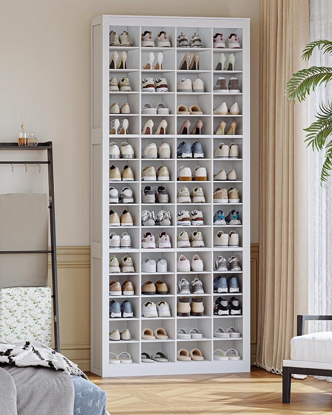 Hzuaneri Shoe Storage Cabinet, 60 Pairs Free Standing Closet Organizer, 9 inch Widened Cell Wood Shoe Organizer, 15 Tiers Vertical Space Saving Shoe Rack for Entryway, Cloakroom, White SR49603X