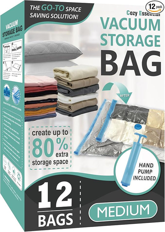 Cozy Essential Vacuum Storage Bags, 80% Compression Vacuum Seal Space Saver Plastic Packaging Bags for Clothes, Blankets, Pillow, Bedding, Comforters, Sealer Clothing Storage,12 Medium