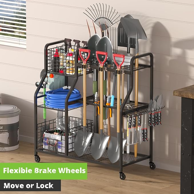 keomaisyto Garden Tool Holder Organizer with Heavy Duty Wheels for Garage | Large Yard Tool Organizer with 2 Baskets, Utility Garden Tool Rack for/Shed/Garage/Yard/Basement/Lawn