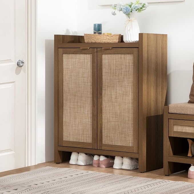 SICOTAS Shoe Cabinet Set of 2 Large Capacity Shoe Storage Organizer Cabinet | Tall Rattan Shoe Cabinet with Doors and Shelves, 6-Tier Farmhouse Boho Wooden Storage Cabinet for Entryway Hallway